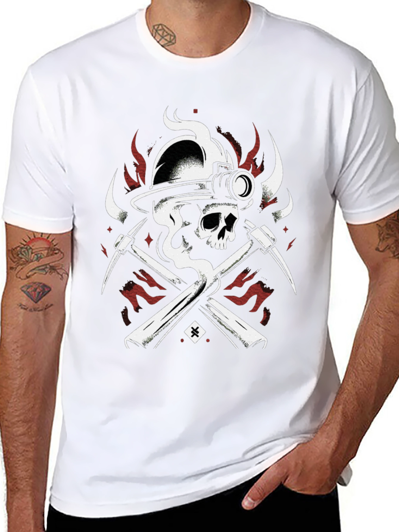 Miner Skull T-Shirt - Crossed Pickaxes and Helmet