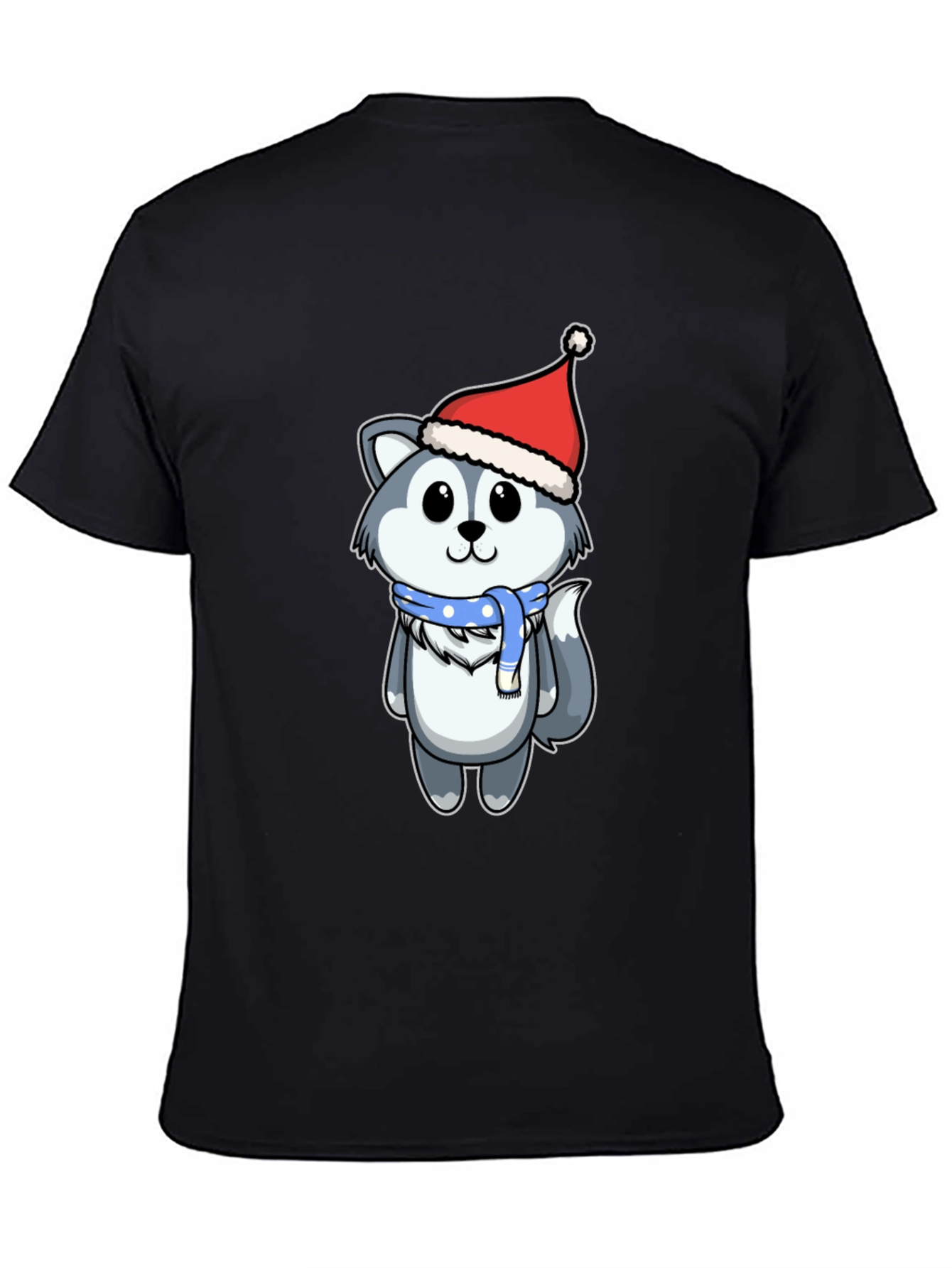 Cute Husky in Santa Hat Graphic Tee - Black