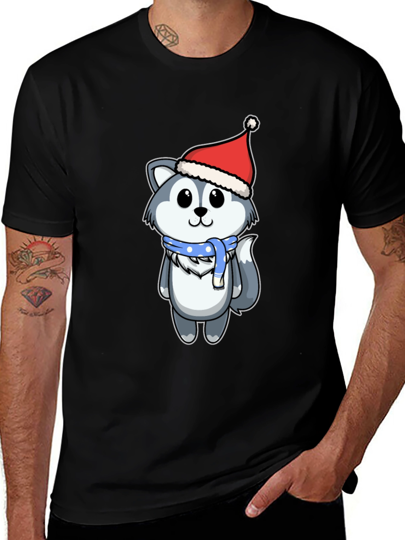 Cute Husky in Santa Hat Graphic Tee - Black