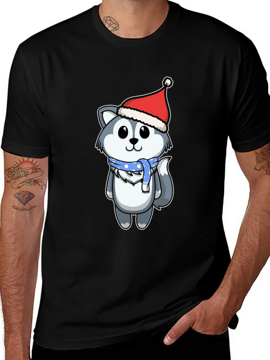 Cute Husky in Santa Hat Graphic Tee - Black