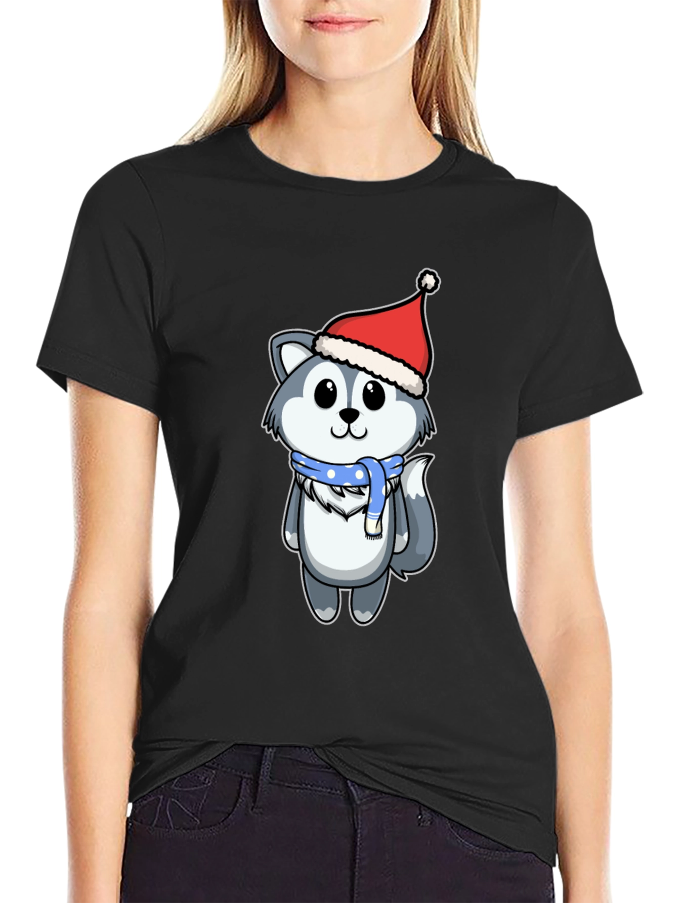 Cute Husky in Santa Hat Graphic Tee - Black