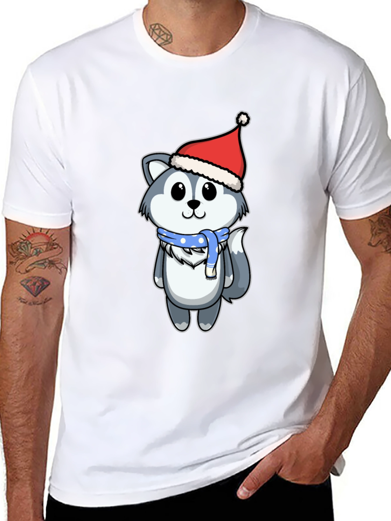 Cute Husky in Santa Hat Graphic Tee - Black
