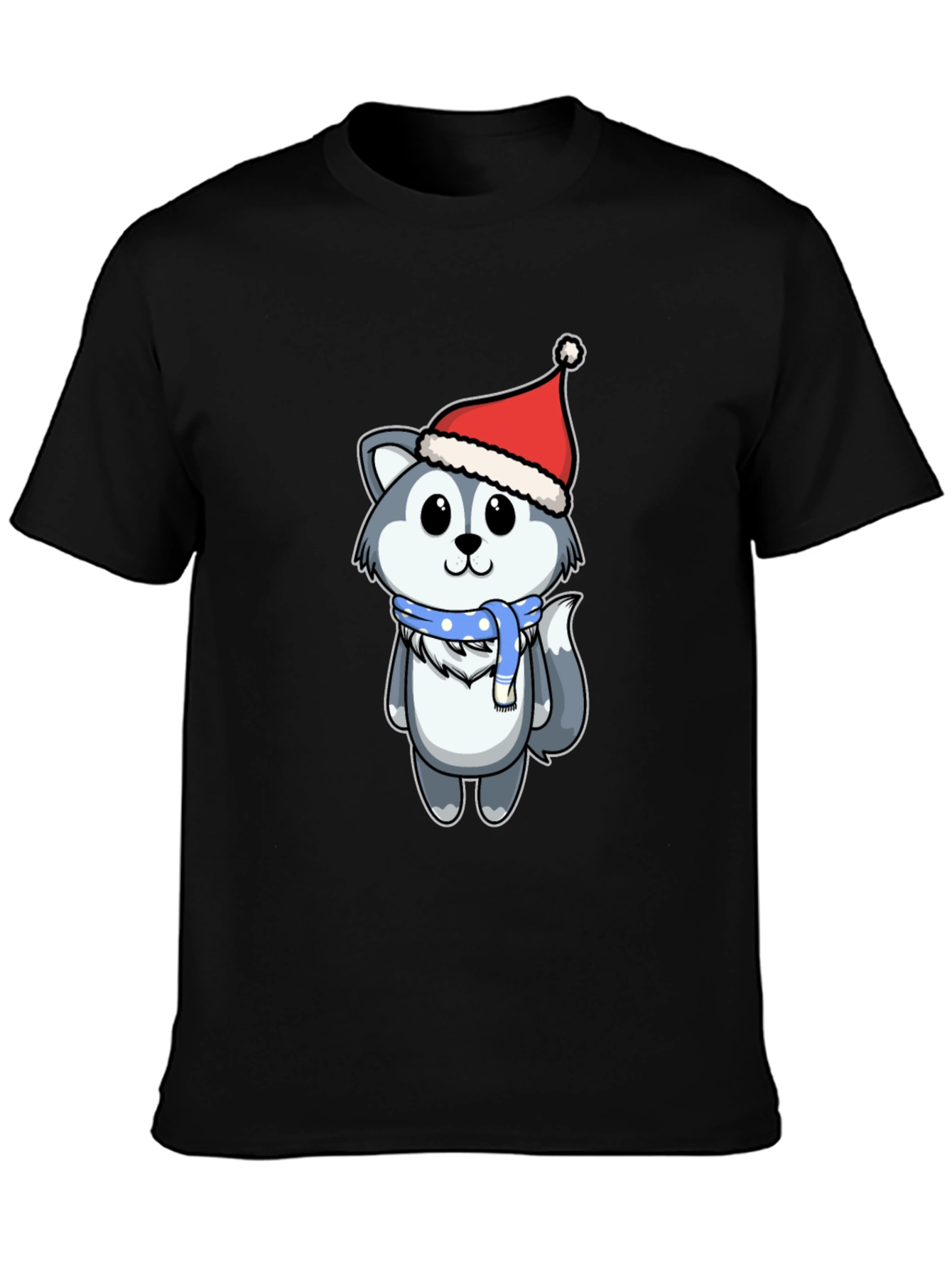 Cute Husky in Santa Hat Graphic Tee - Black