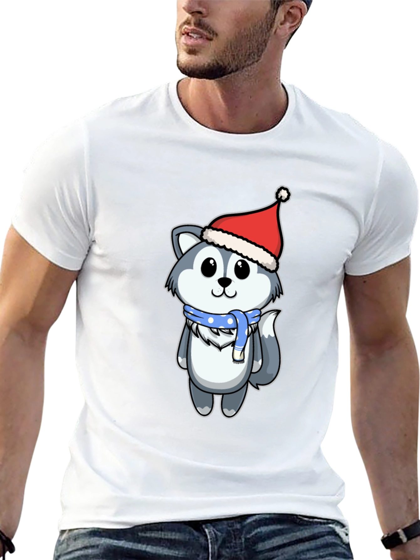 Cute Husky in Santa Hat Graphic Tee - Black