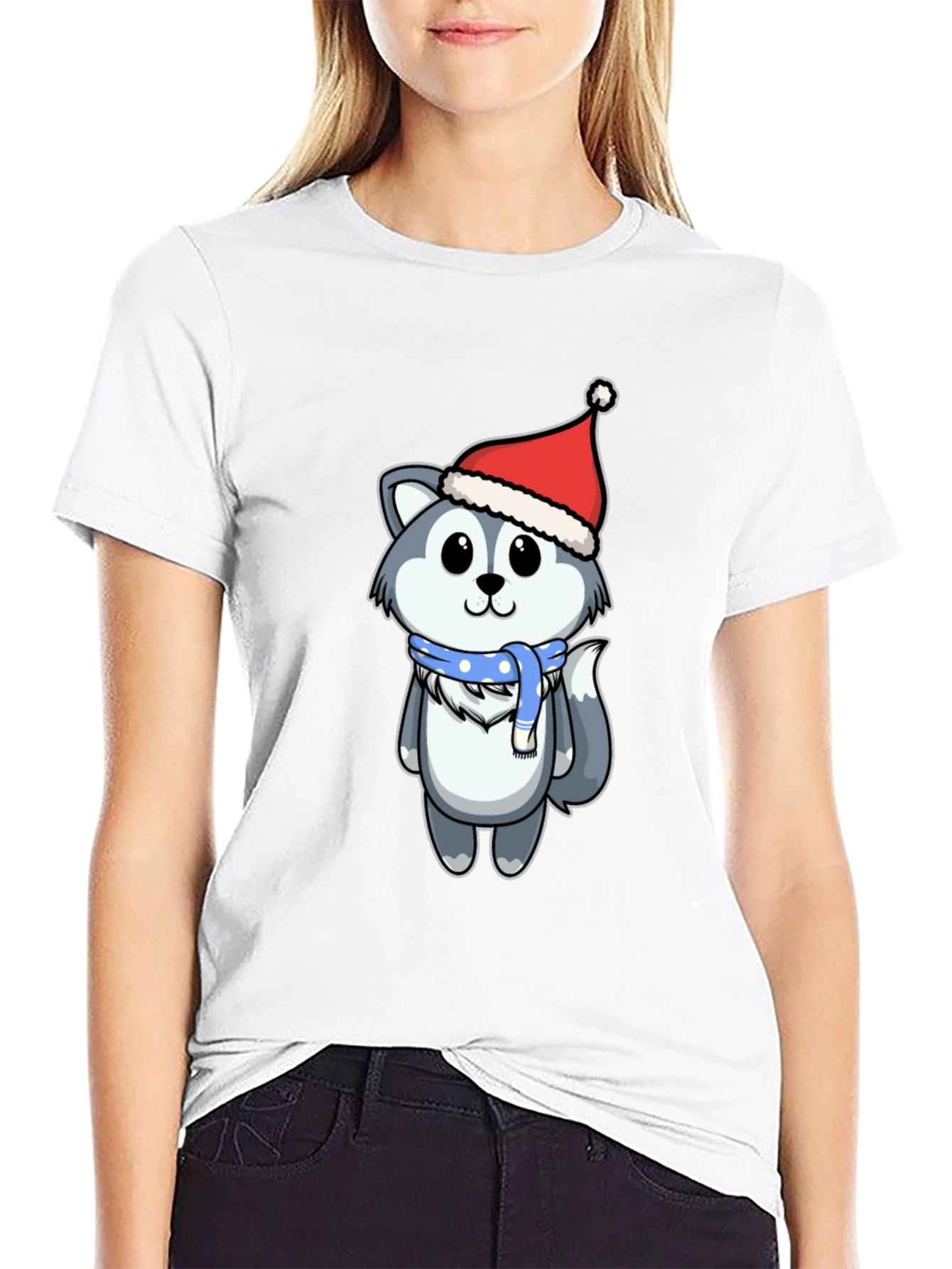 Cute Husky in Santa Hat Graphic Tee - Black