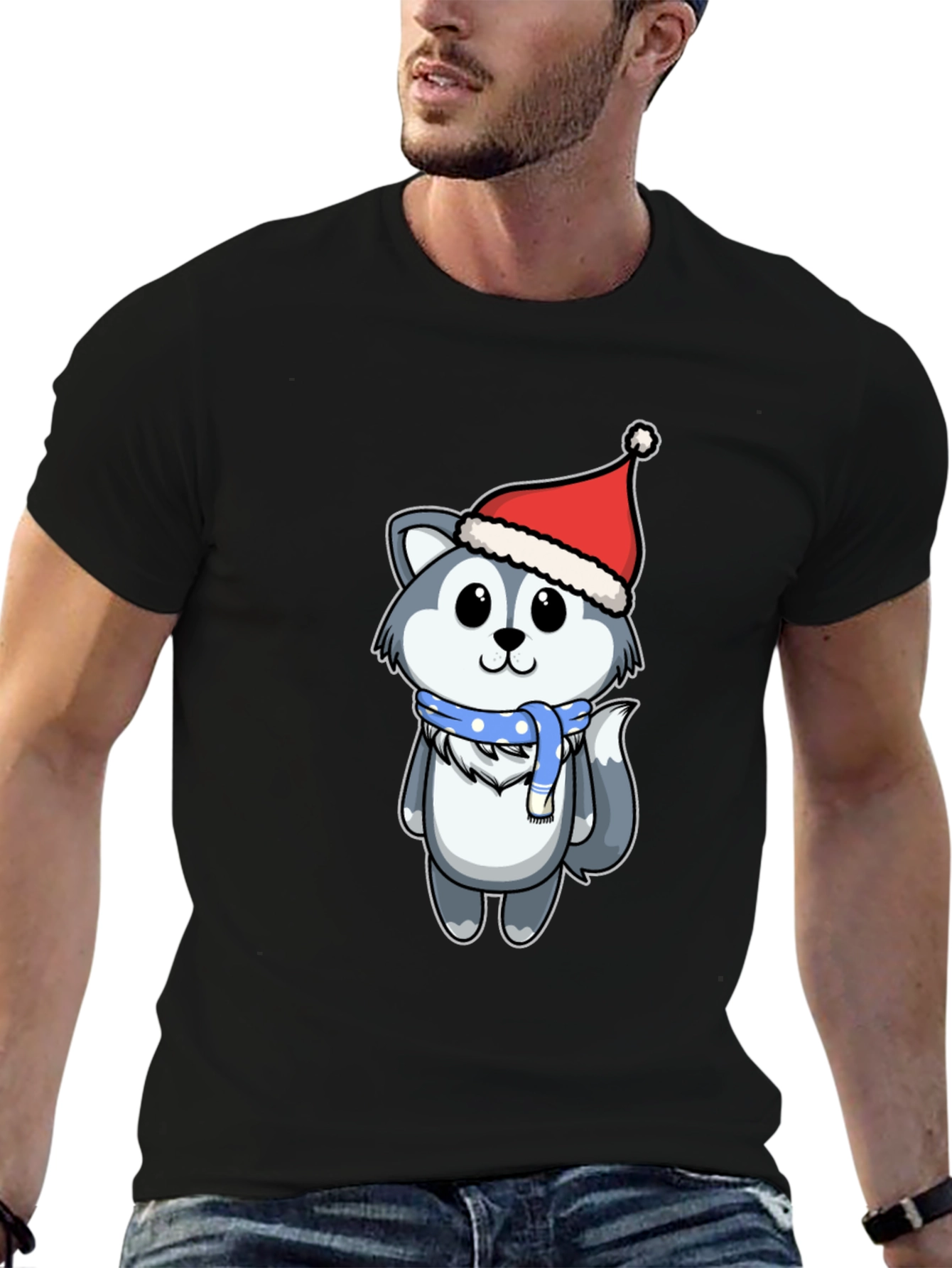 Cute Husky in Santa Hat Graphic Tee - Black