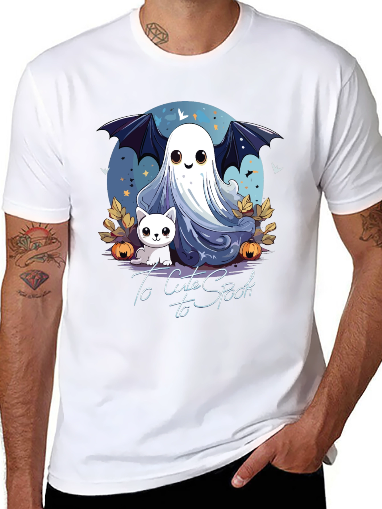 Cute Spooky Halloween Ghost & Cat Graphic T-Shirt