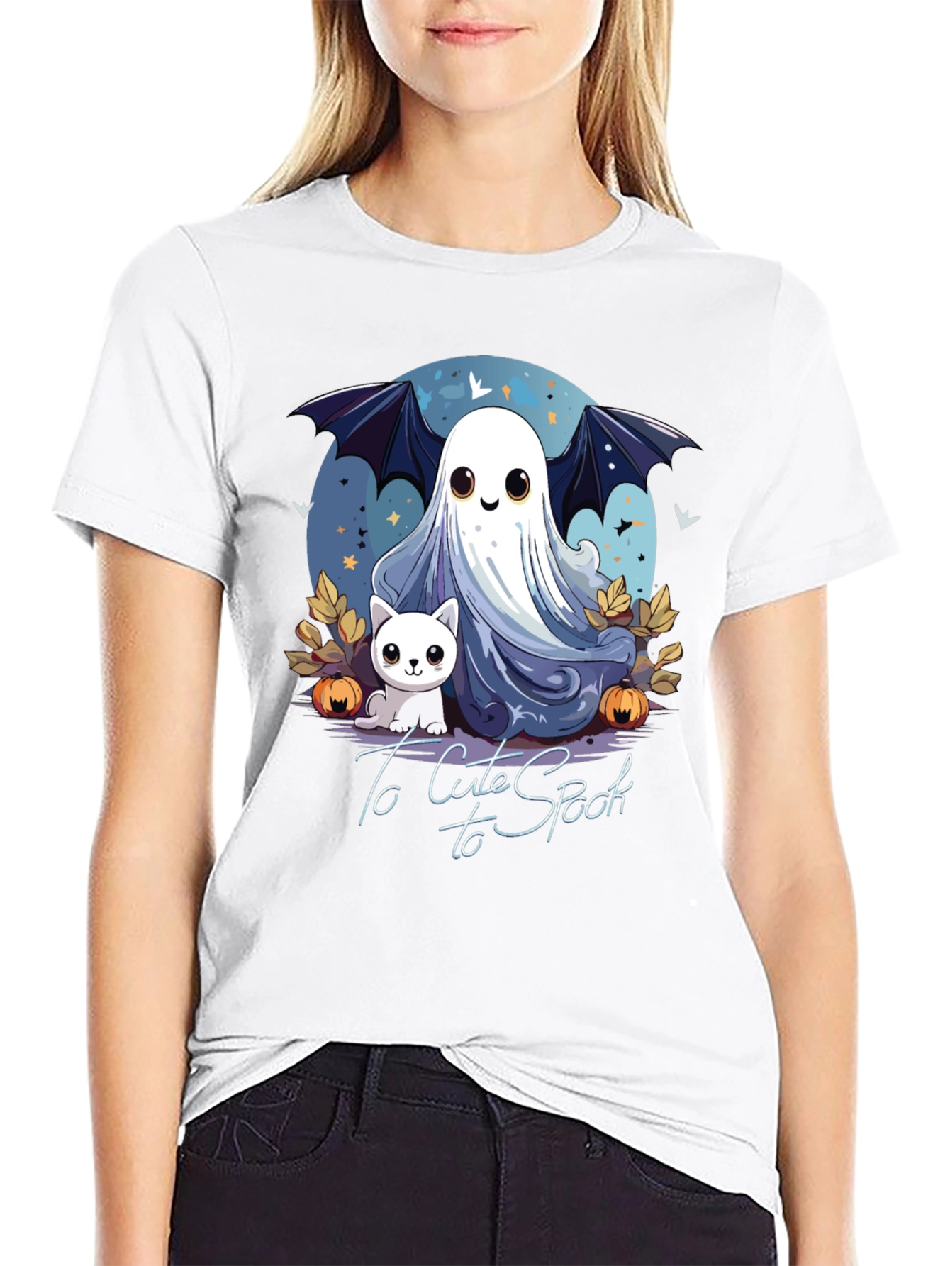 Cute Spooky Halloween Ghost & Cat Graphic T-Shirt