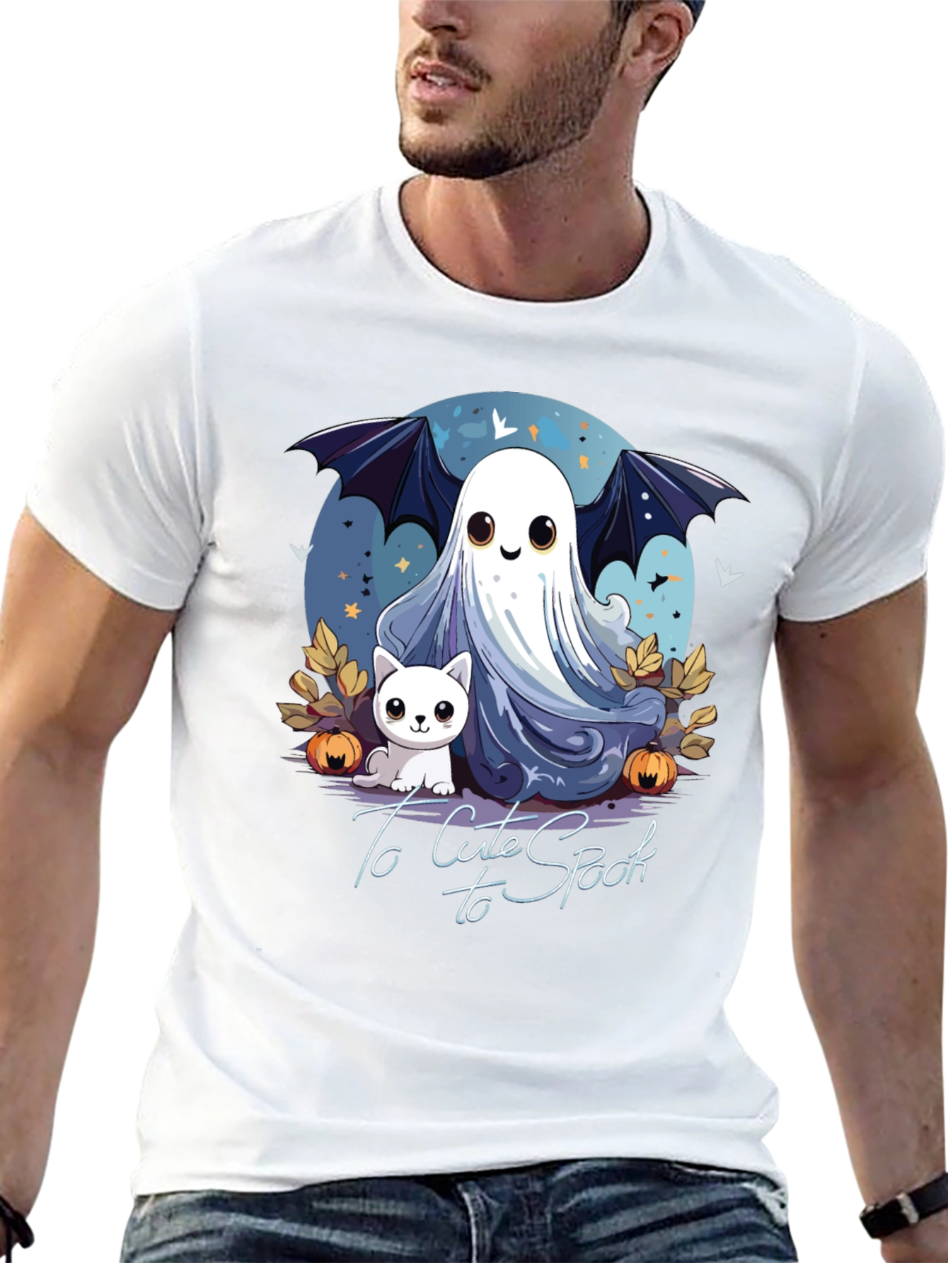 Cute Spooky Halloween Ghost & Cat Graphic T-Shirt
