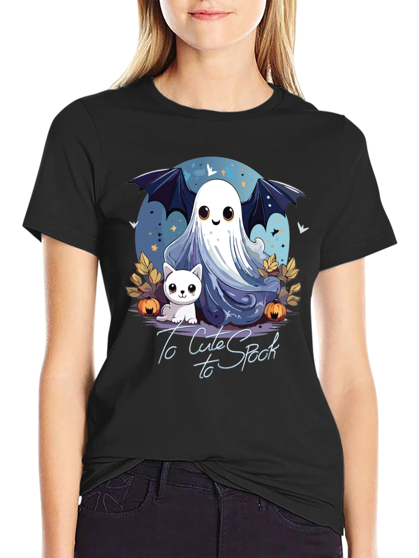 Cute Spooky Halloween Ghost & Cat Graphic T-Shirt