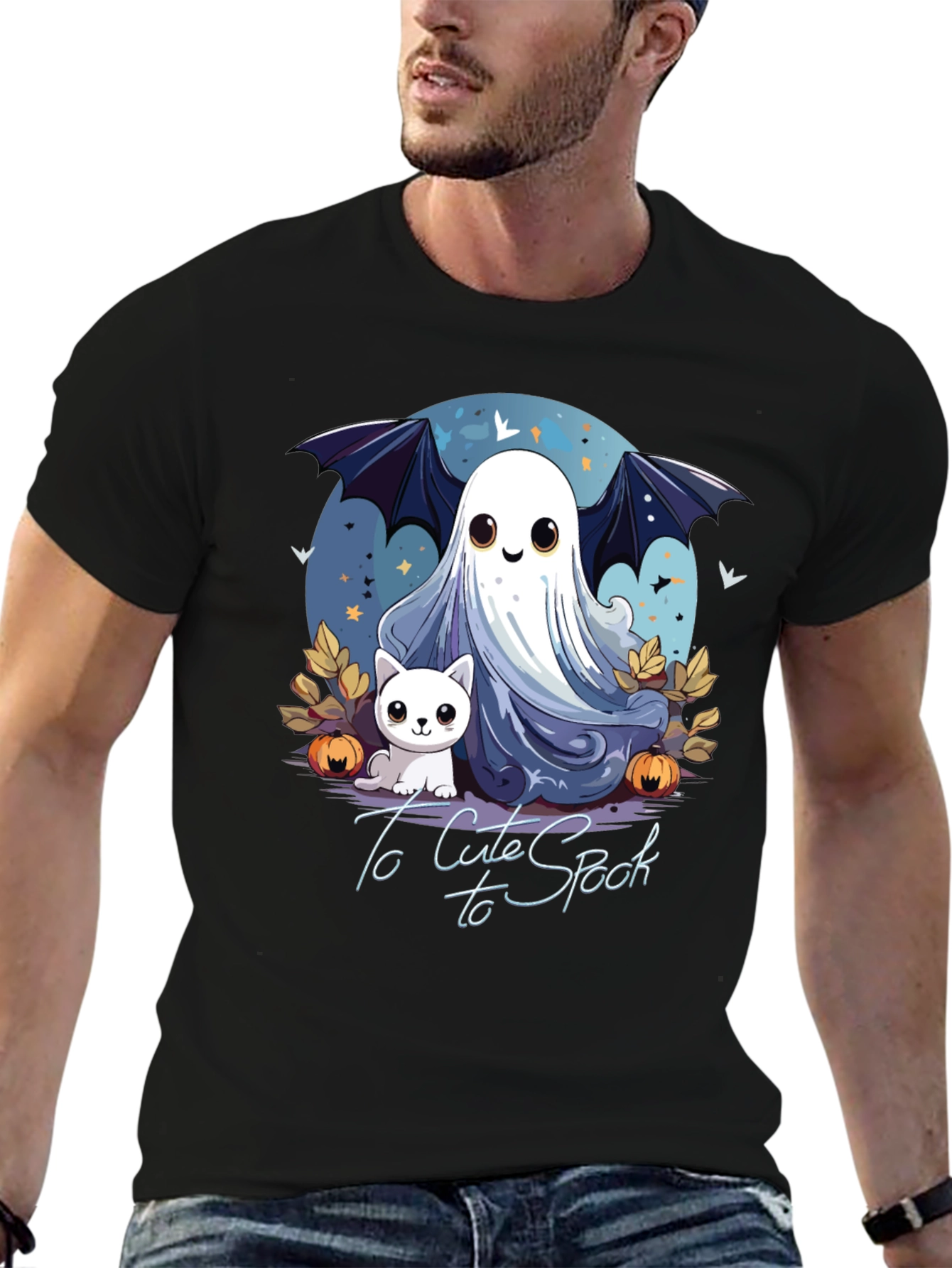 Cute Spooky Halloween Ghost & Cat Graphic T-Shirt