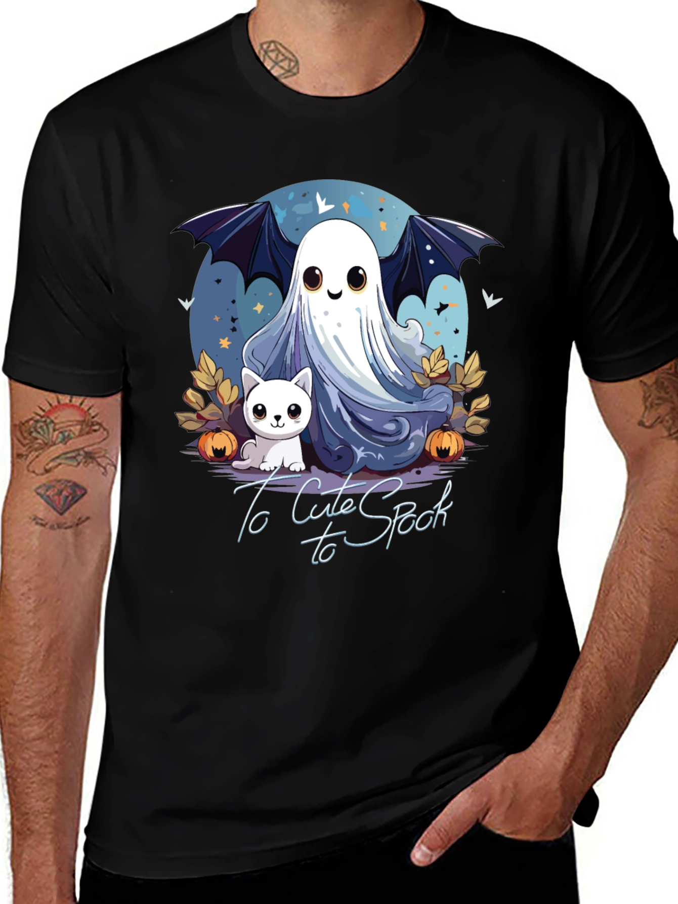 Cute Spooky Halloween Ghost & Cat Graphic T-Shirt
