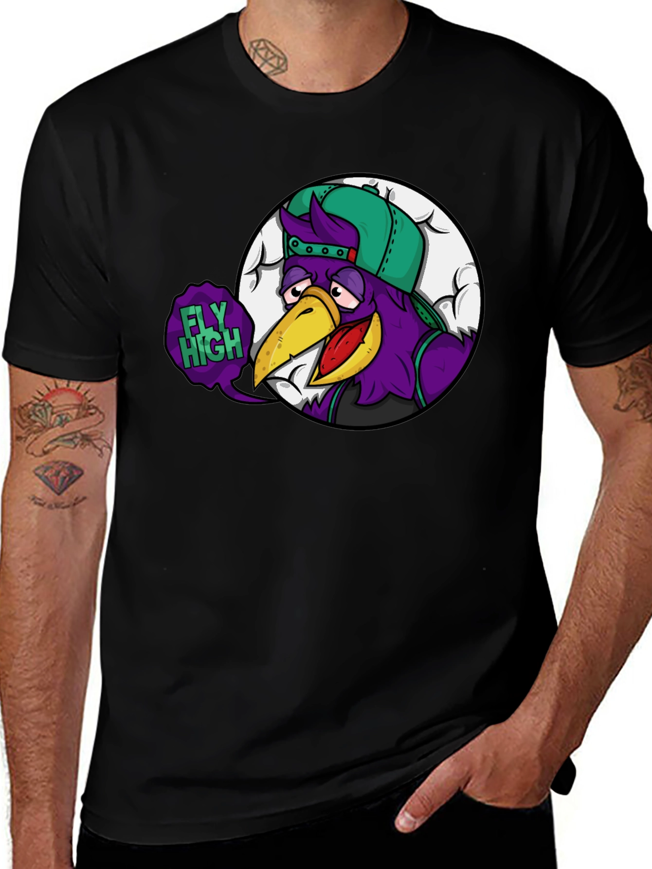 Fly High Cartoon Graphic Black T-Shirt