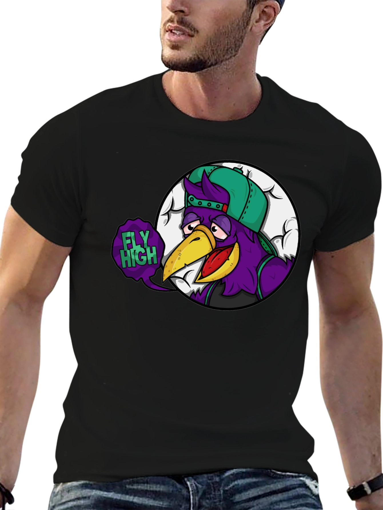 Fly High Cartoon Graphic Black T-Shirt