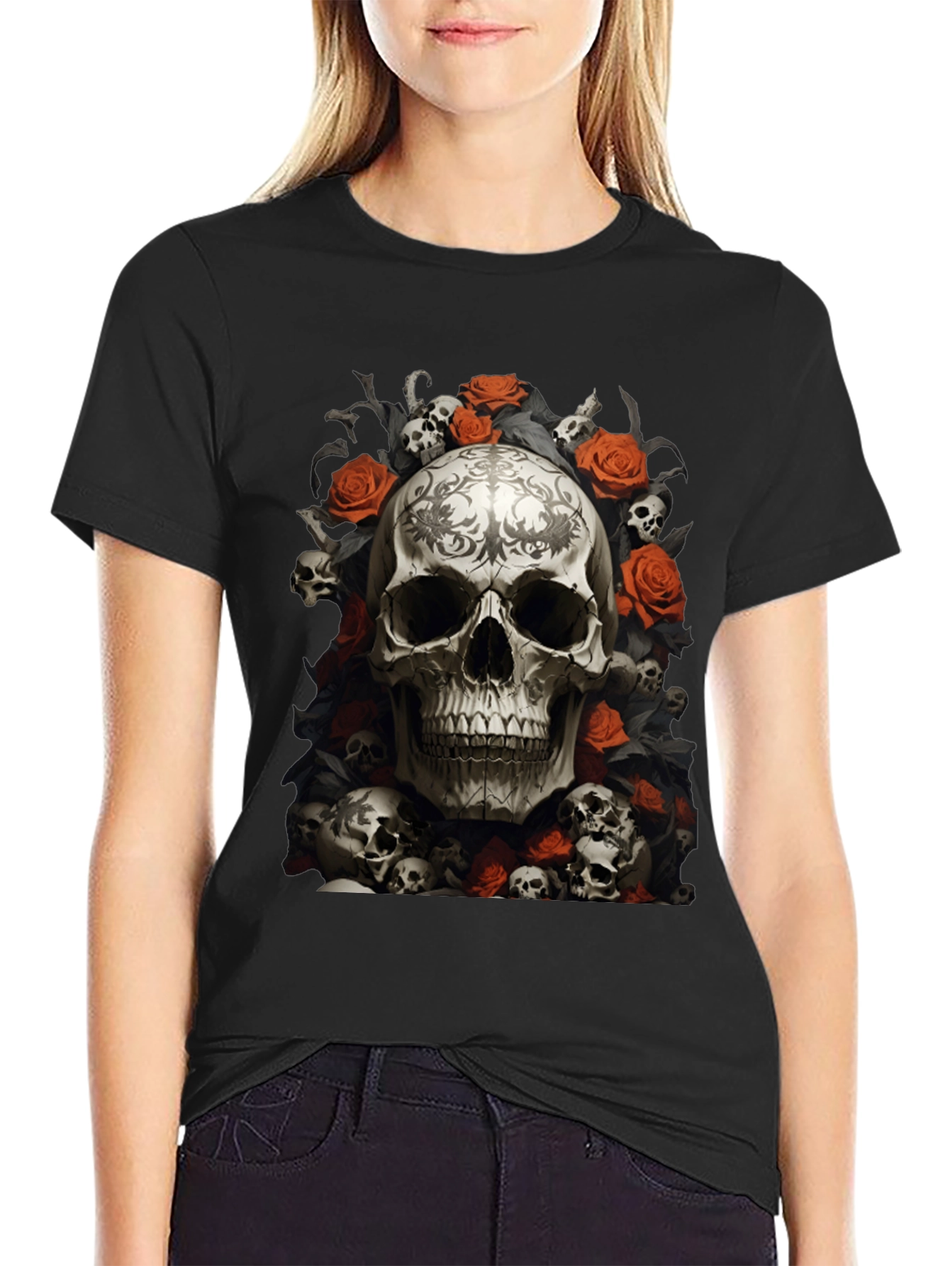Skull & Roses Graphic Tee - Gothic Style