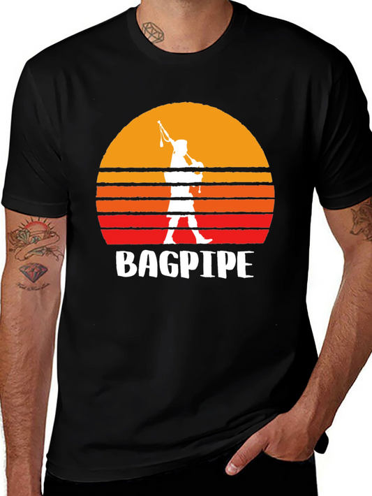 Vintage Bagpipe Sunset Graphic Tee - Black Cotton Blend