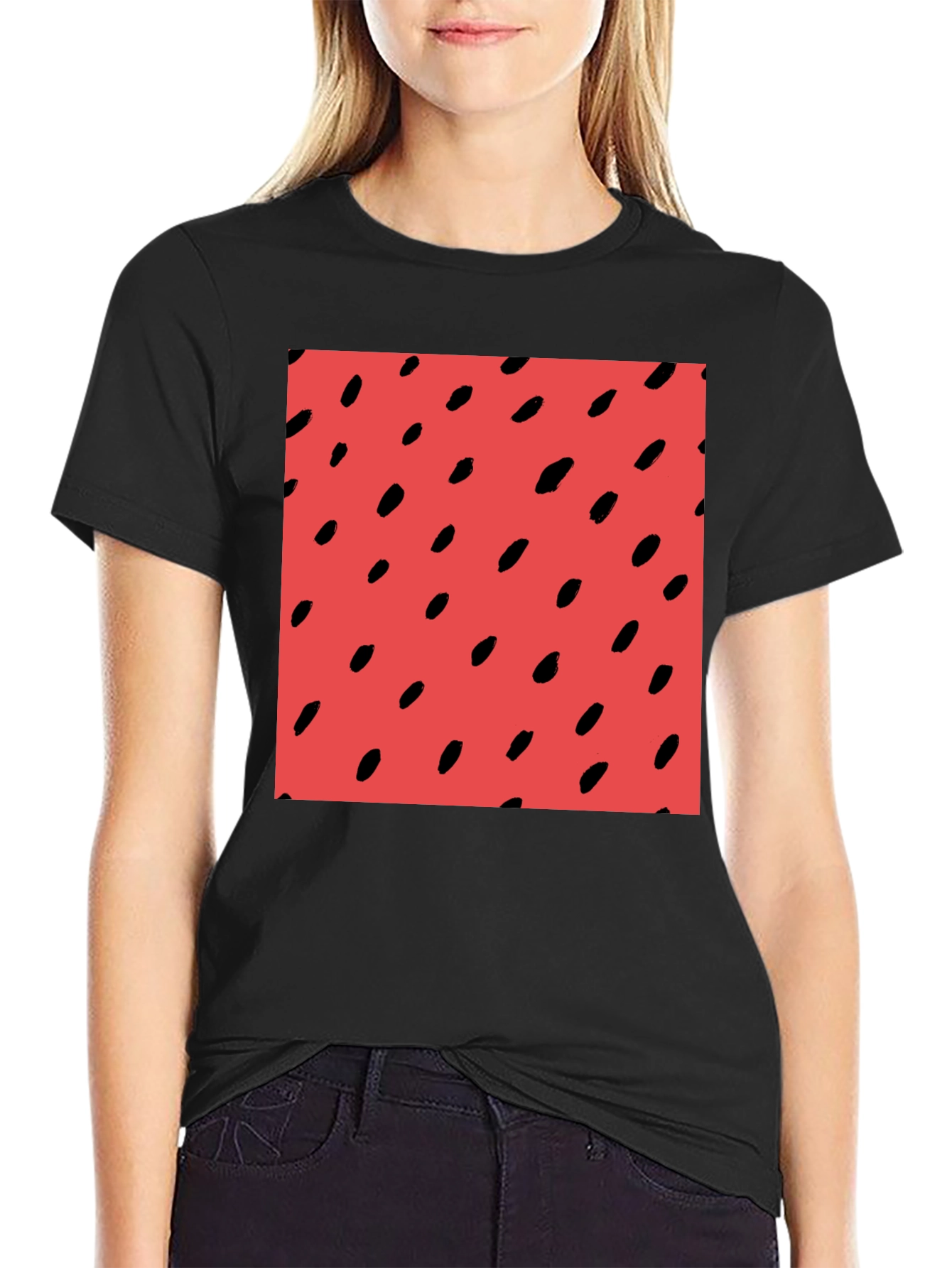 Red Seed Pattern Black Tee
