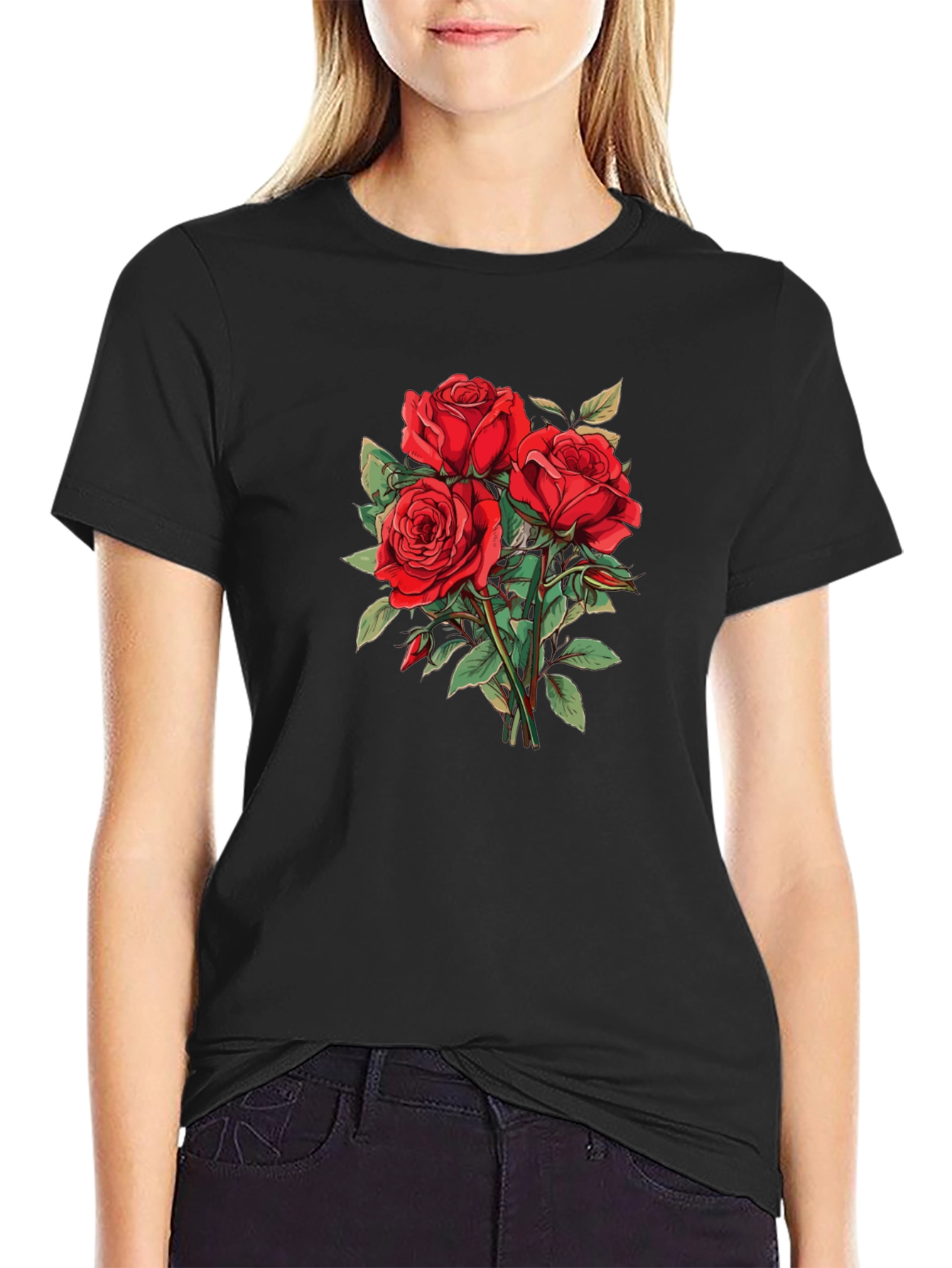 Red Roses Graphic Black T-Shirt
