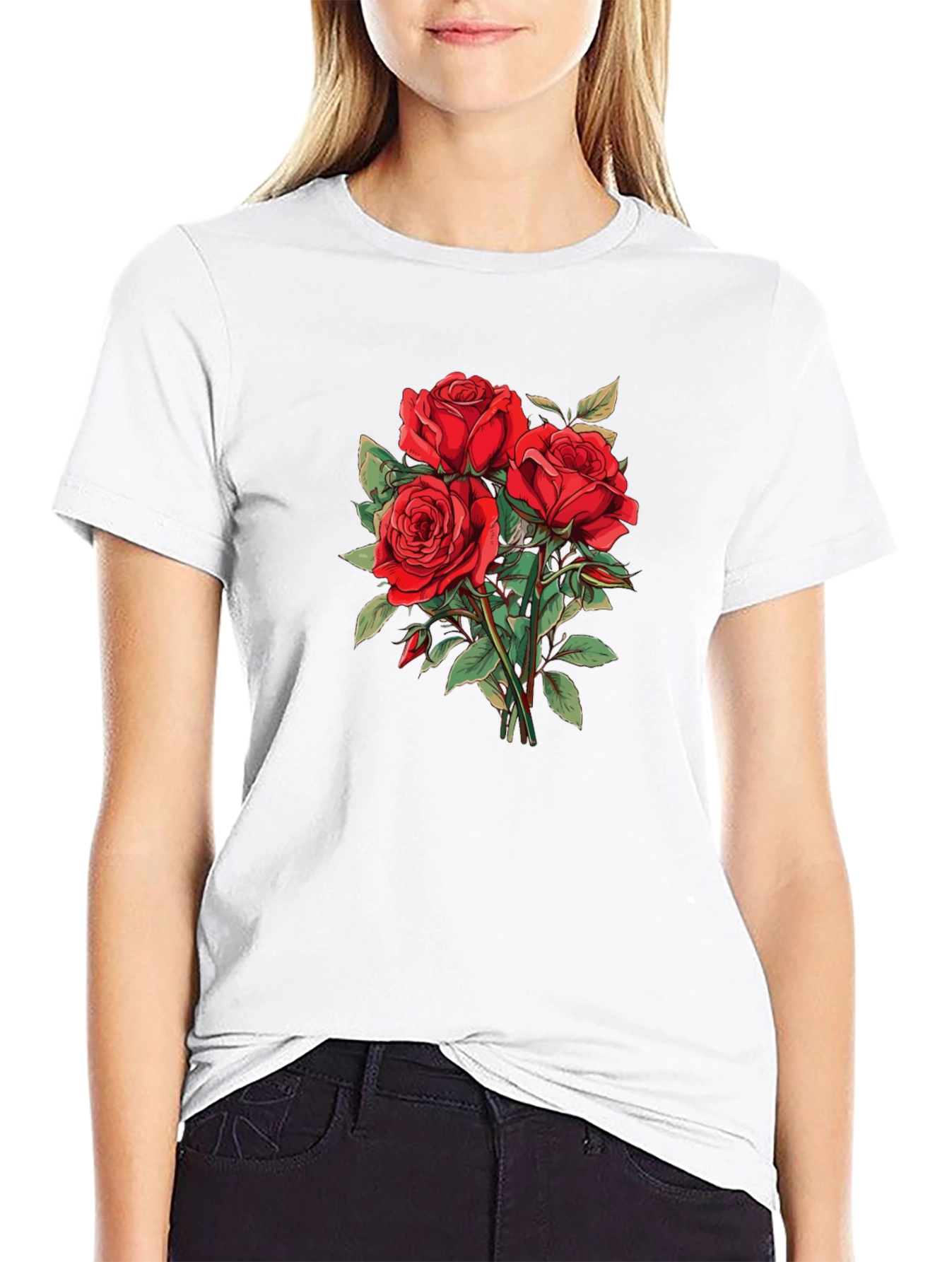 Red Roses Graphic Black T-Shirt