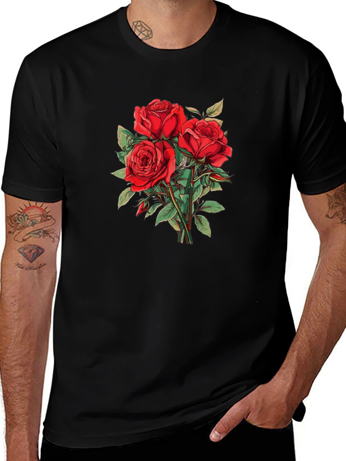 Red Roses Graphic Black T-Shirt