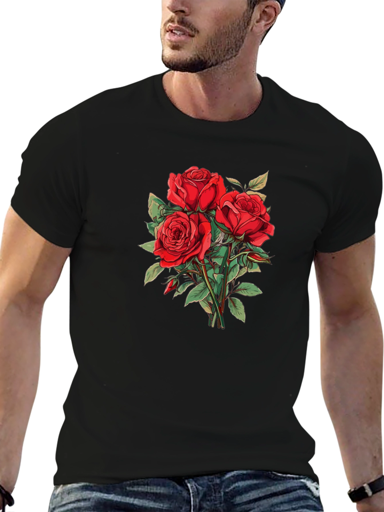 Red Roses Graphic Black T-Shirt