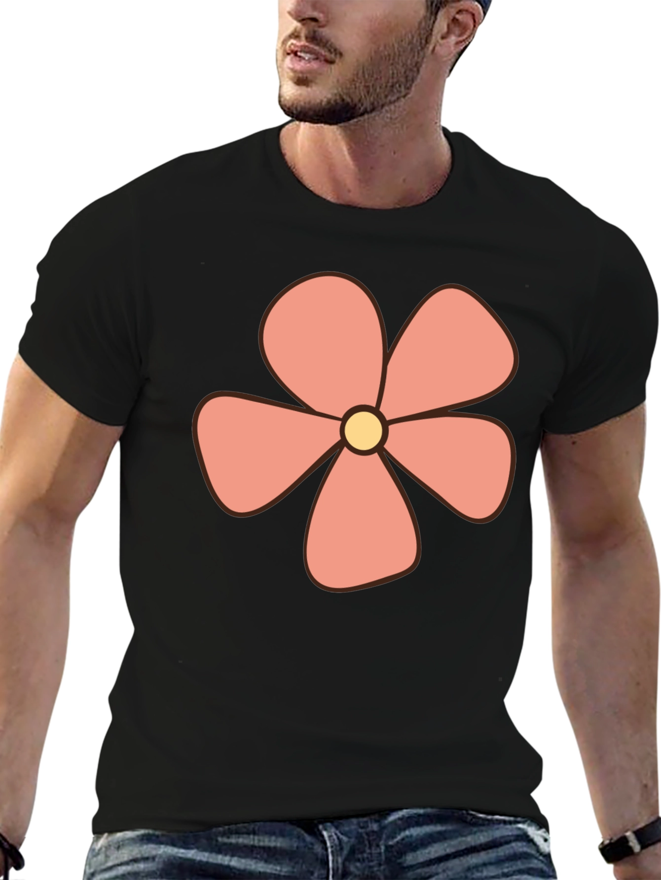 Retro Flower Power Graphic Tee - Black Cotton