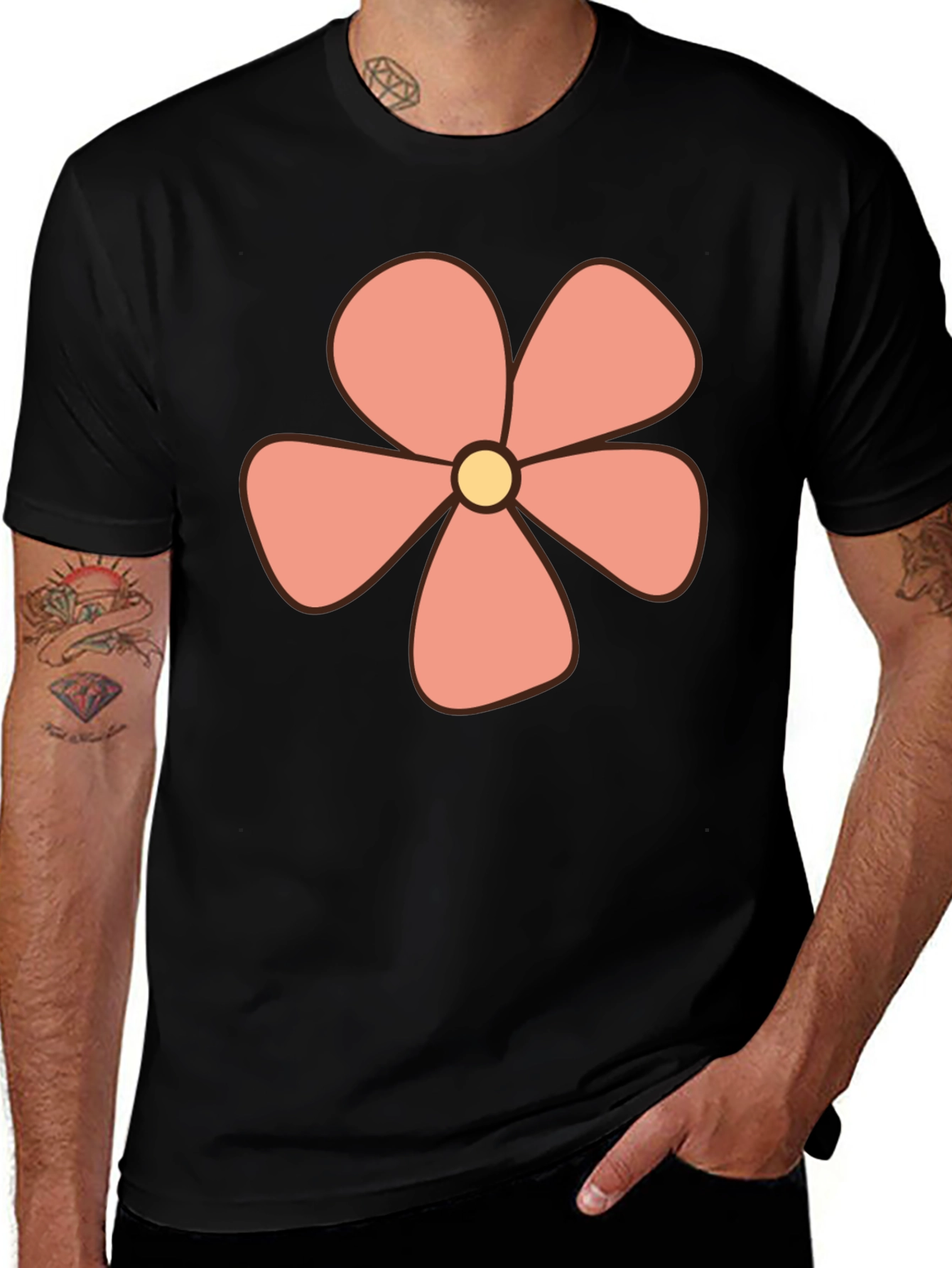 Retro Flower Power Graphic Tee - Black Cotton