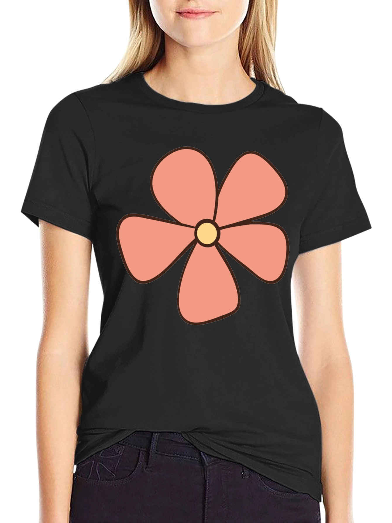 Retro Flower Power Graphic Tee - Black Cotton