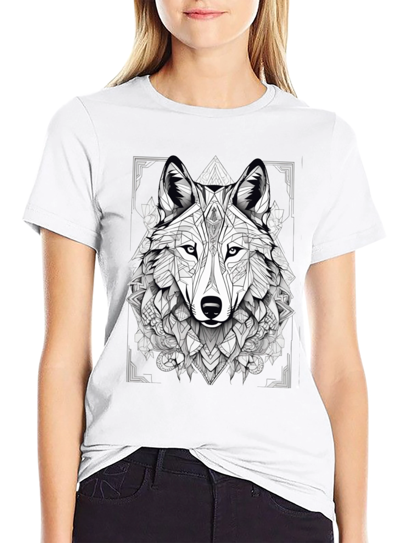 Geometric Wolf Graphic Black T-Shirt