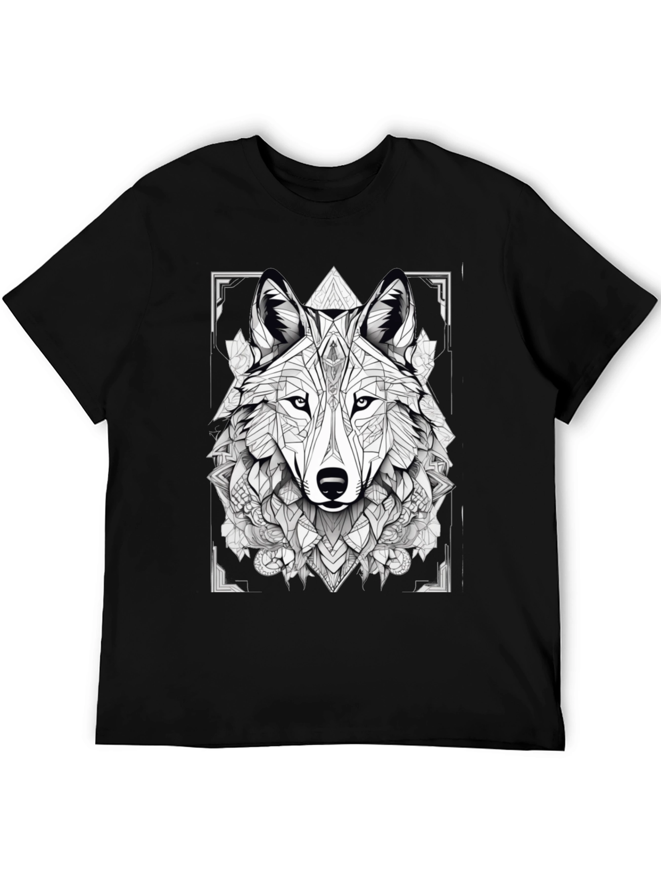 Geometric Wolf Graphic Black T-Shirt
