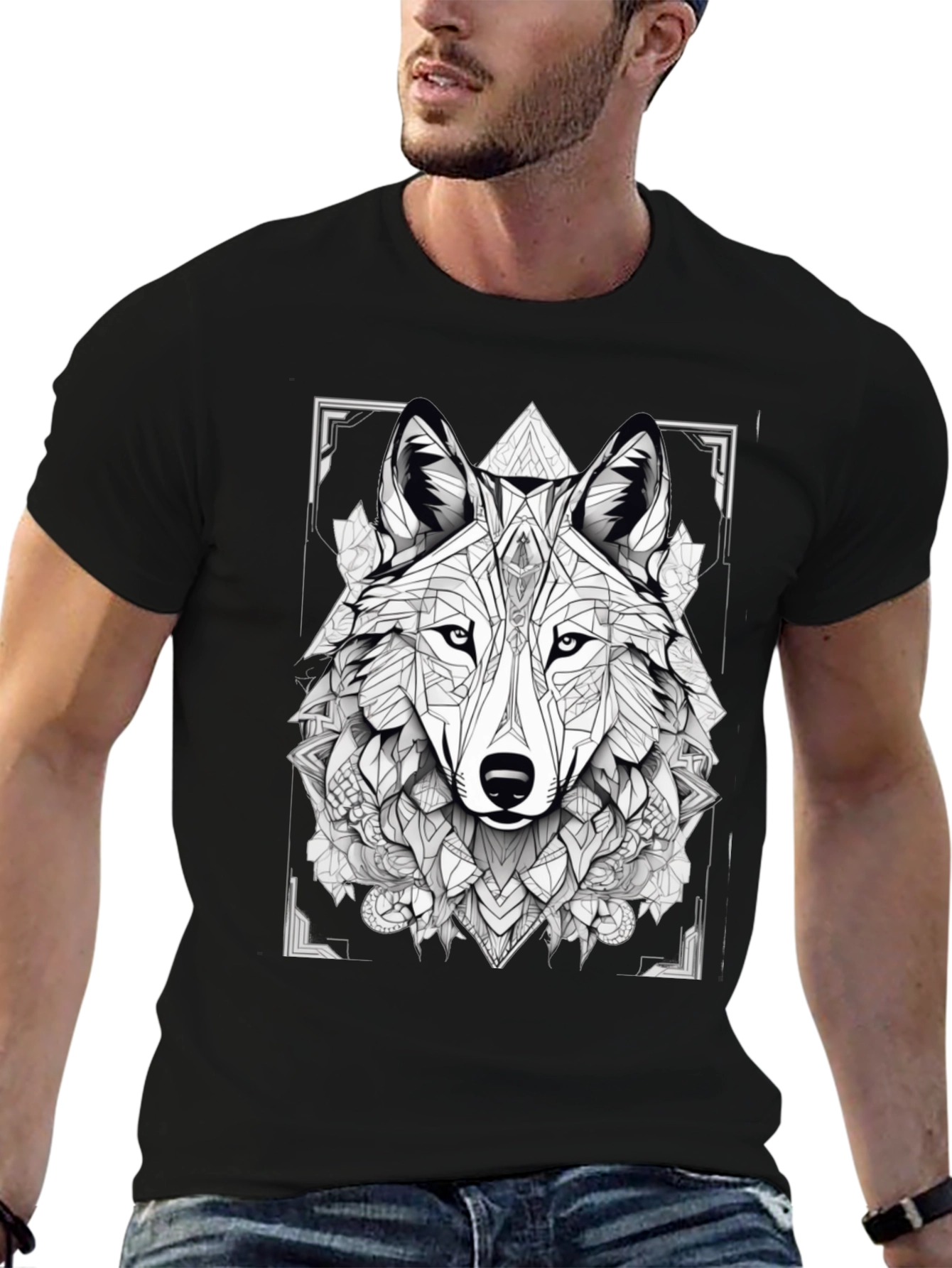 Geometric Wolf Graphic Black T-Shirt