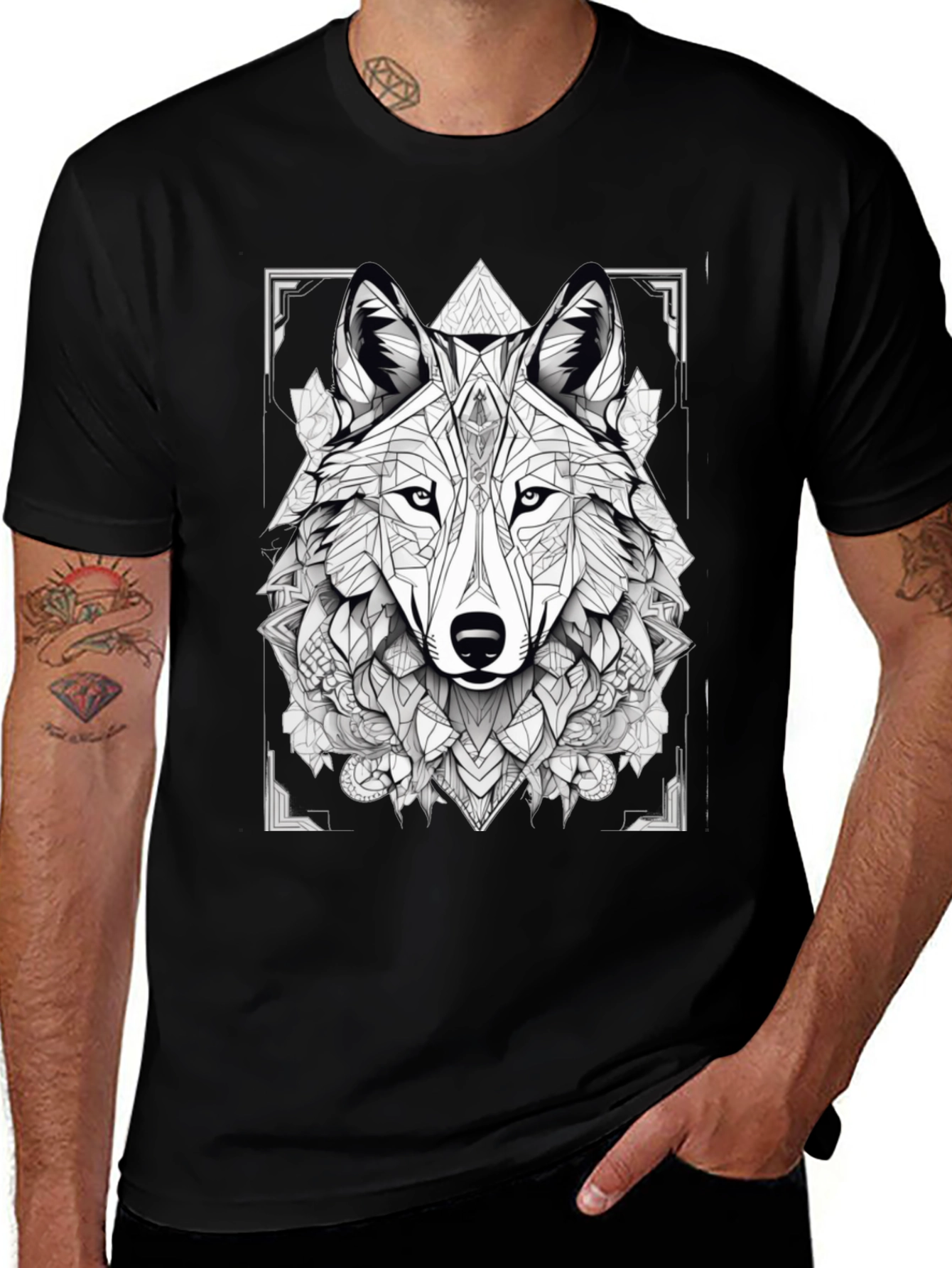 Geometric Wolf Graphic Black T-Shirt