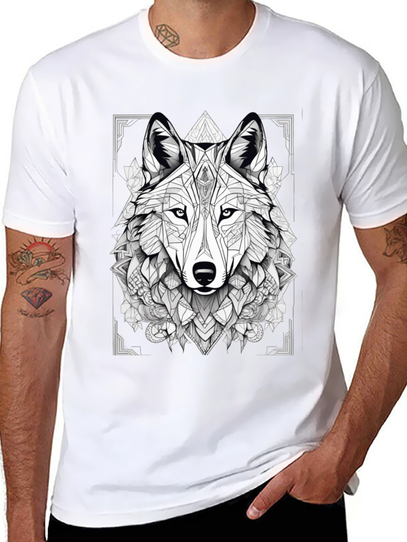 Geometric Wolf Graphic Black T-Shirt