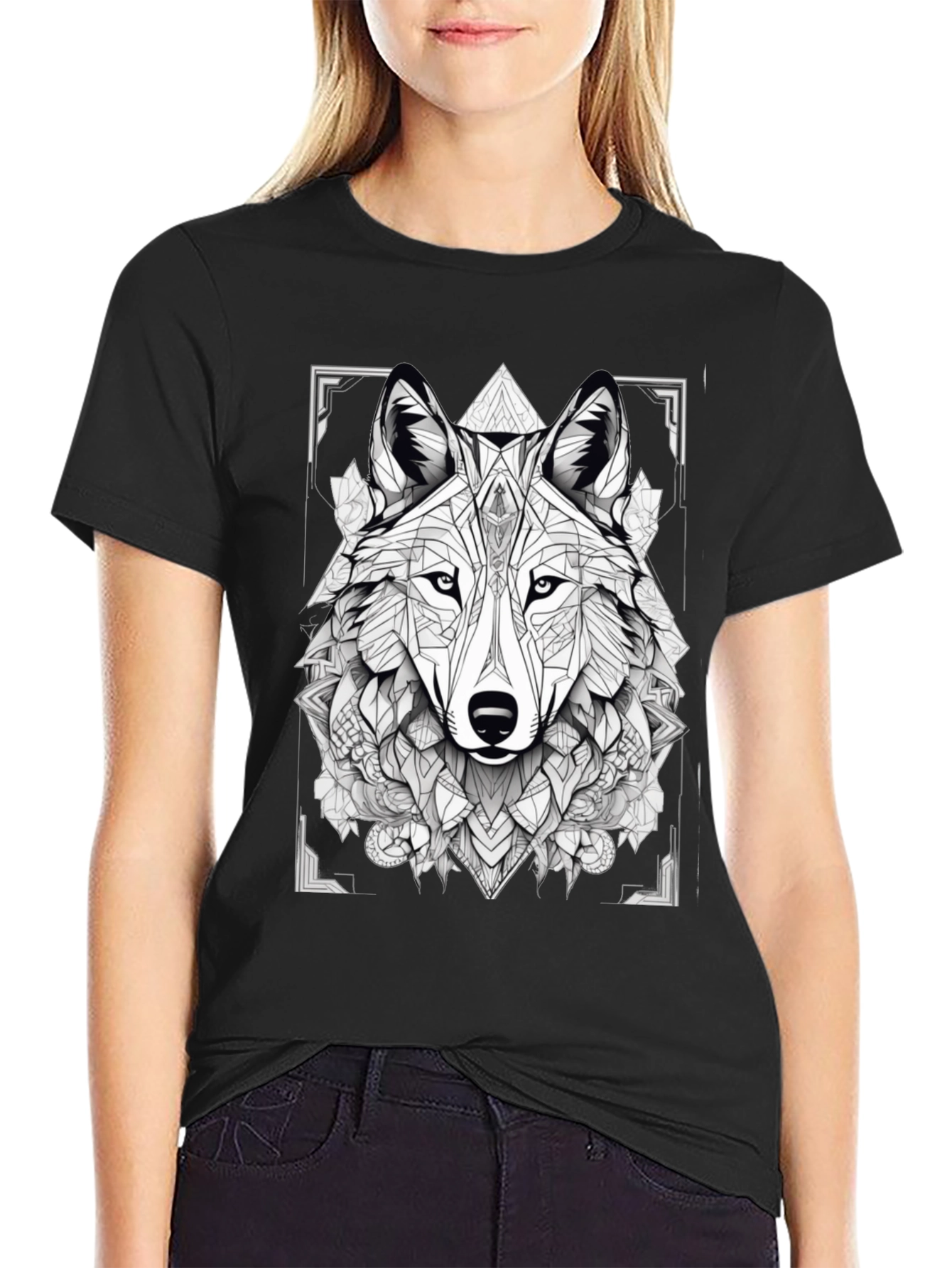 Geometric Wolf Graphic Black T-Shirt