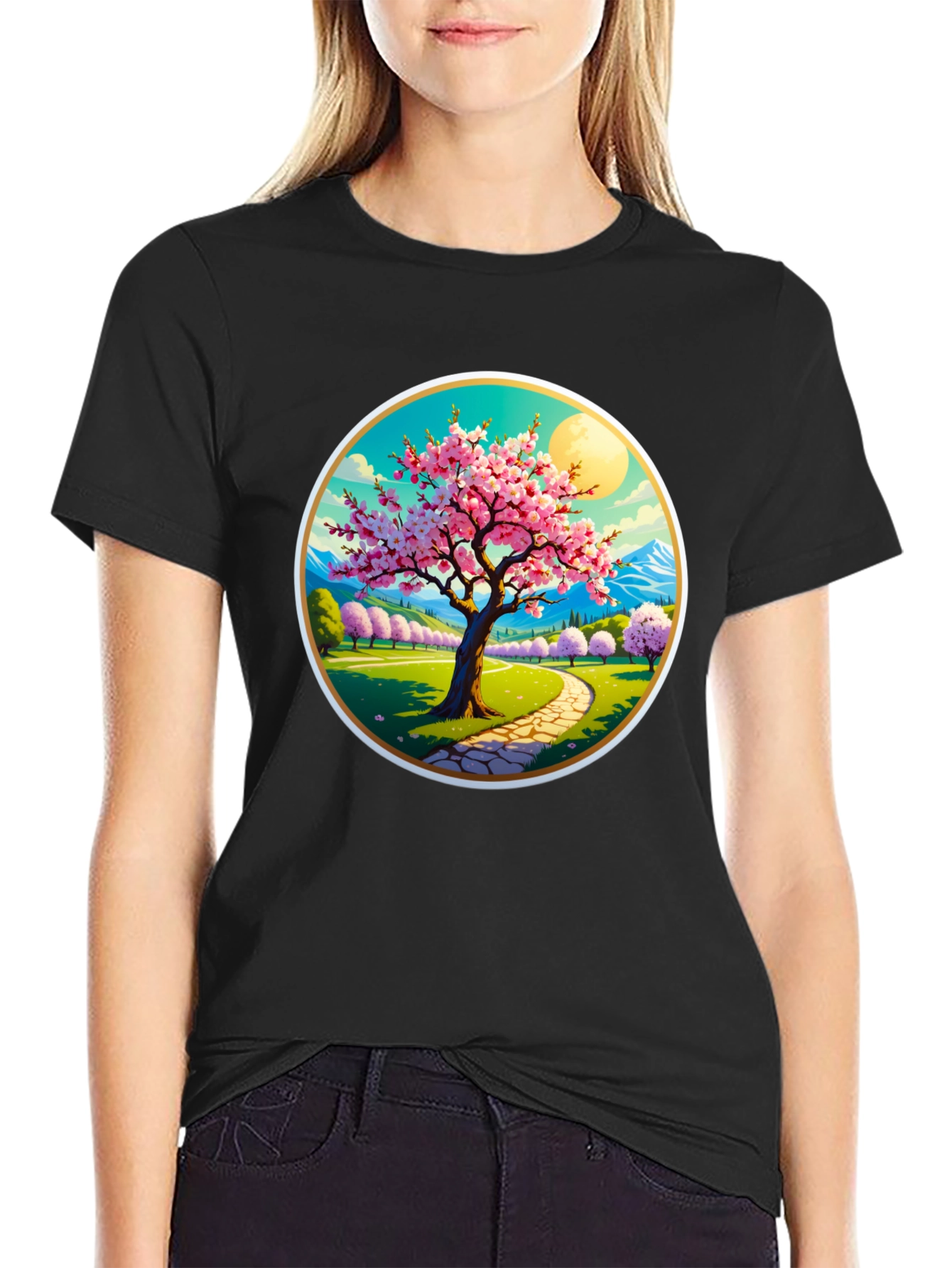 Cherry Blossom Path Black T-Shirt
