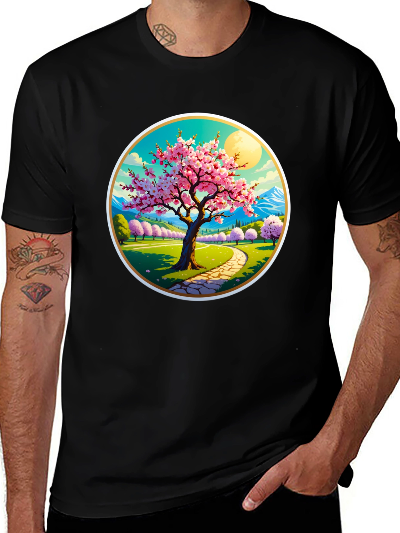 Cherry Blossom Path Black T-Shirt