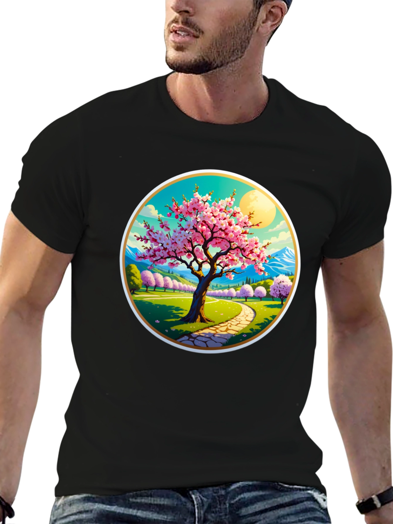 Cherry Blossom Path Black T-Shirt