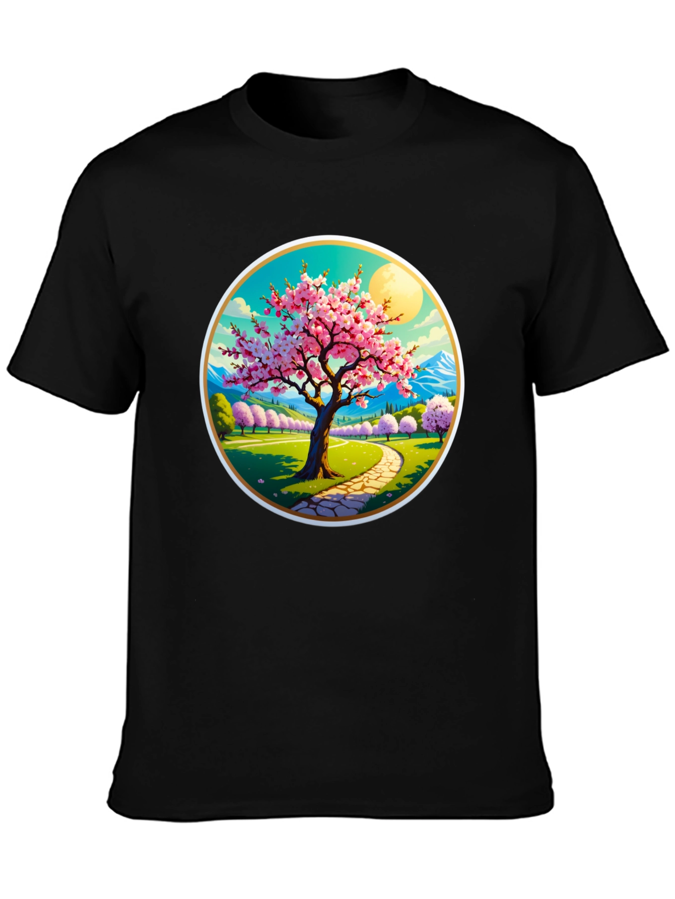 Cherry Blossom Path Black T-Shirt
