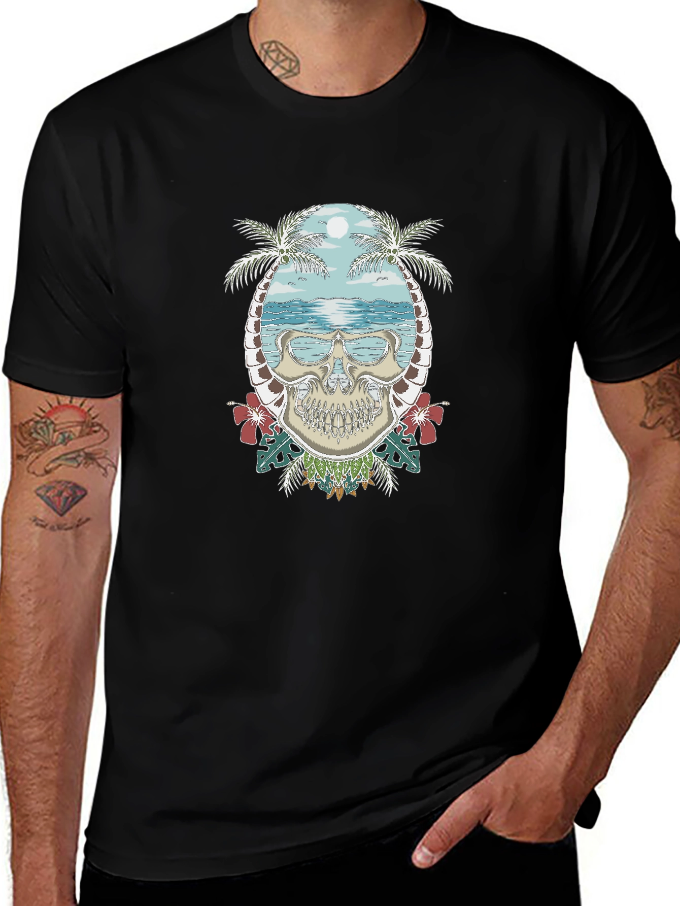 Tropical Skull Graphic Tee - Black