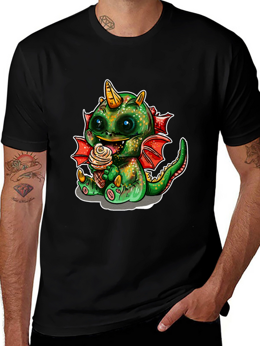 Cute Dragon T-Shirt - Green Cartoon Dragon with Ice Cream