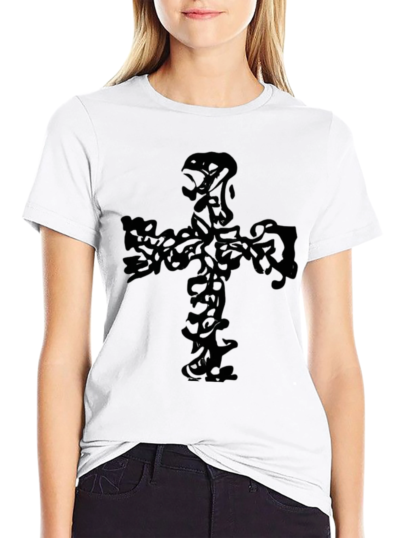 Black Graphic Tee - Abstract Cross Design