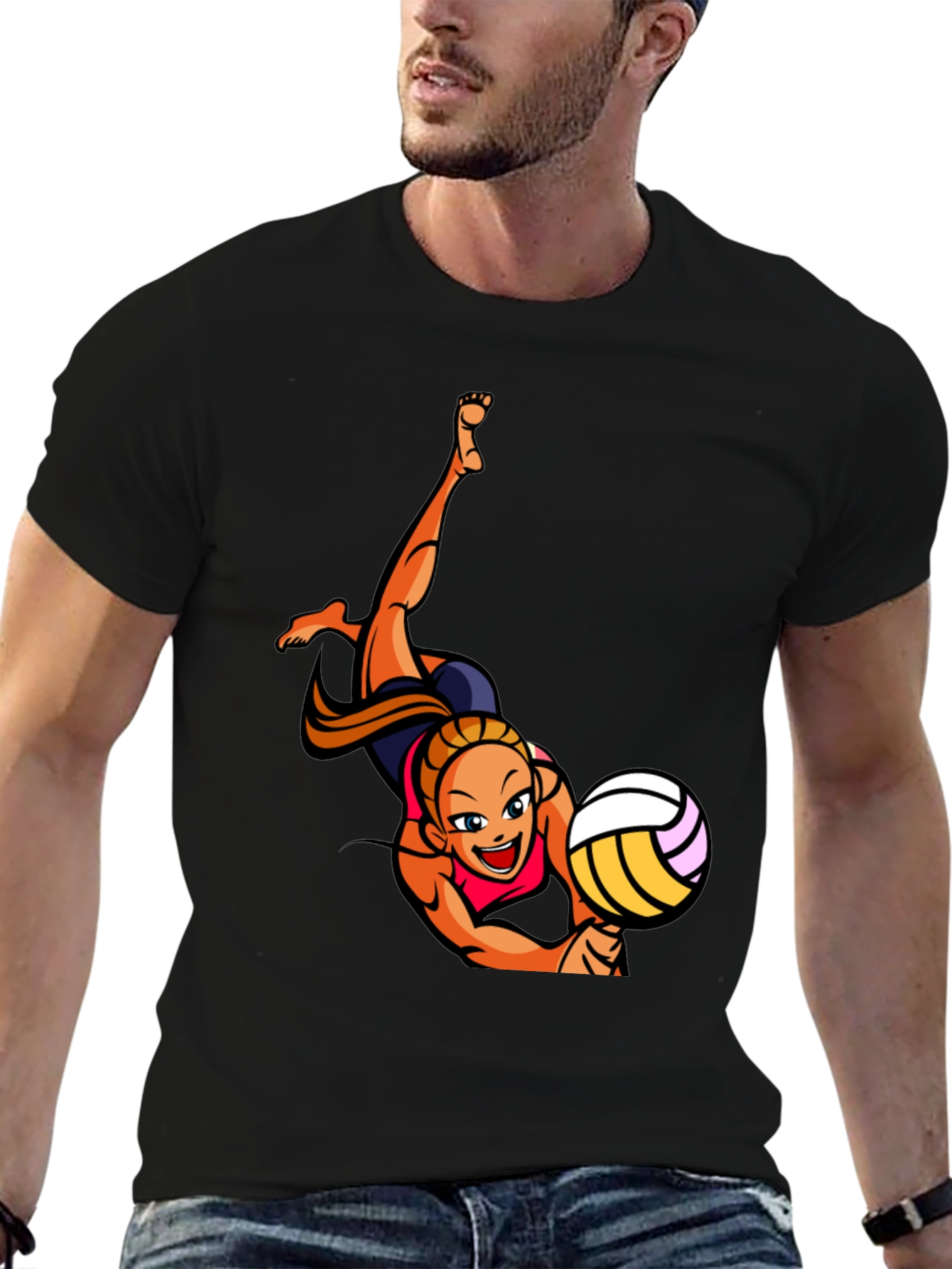 Volleyball Player Graphic Tee - Black Cotton T-Shirt