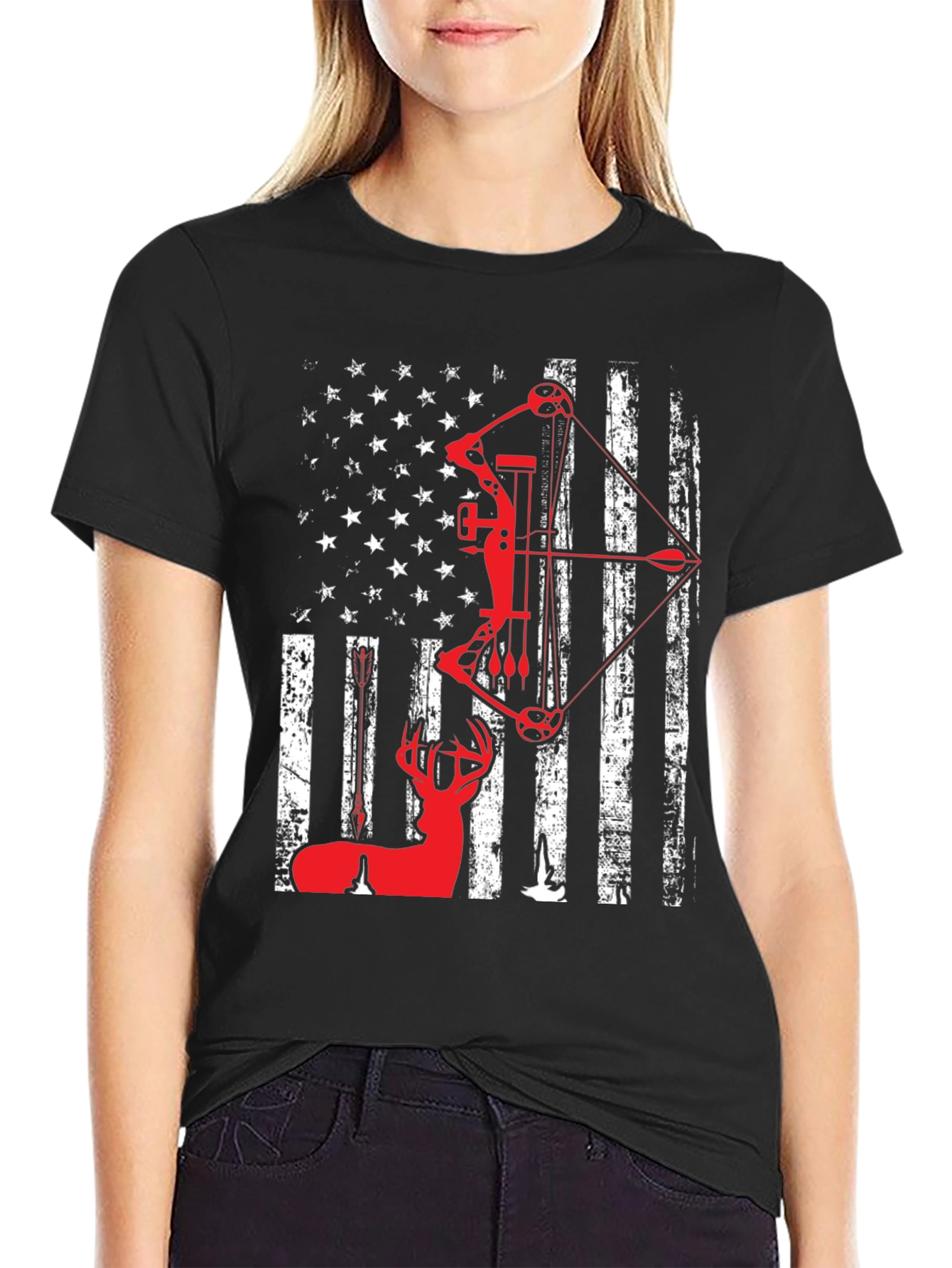 Patriotic Bow Hunting T-Shirt - Deer and American Flag