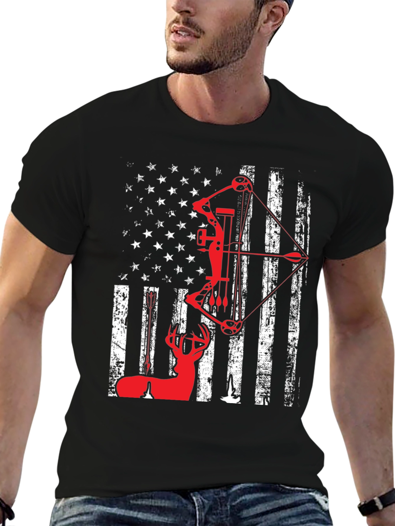 Patriotic Bow Hunting T-Shirt - Deer and American Flag