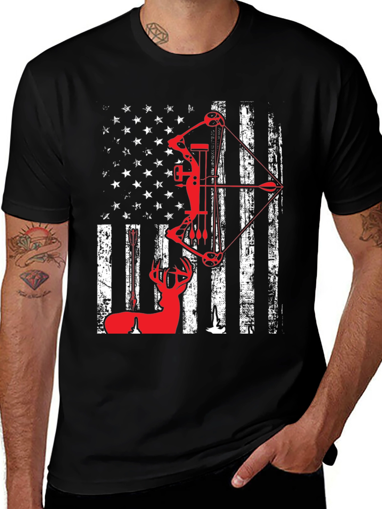 Patriotic Bow Hunting T-Shirt - Deer and American Flag