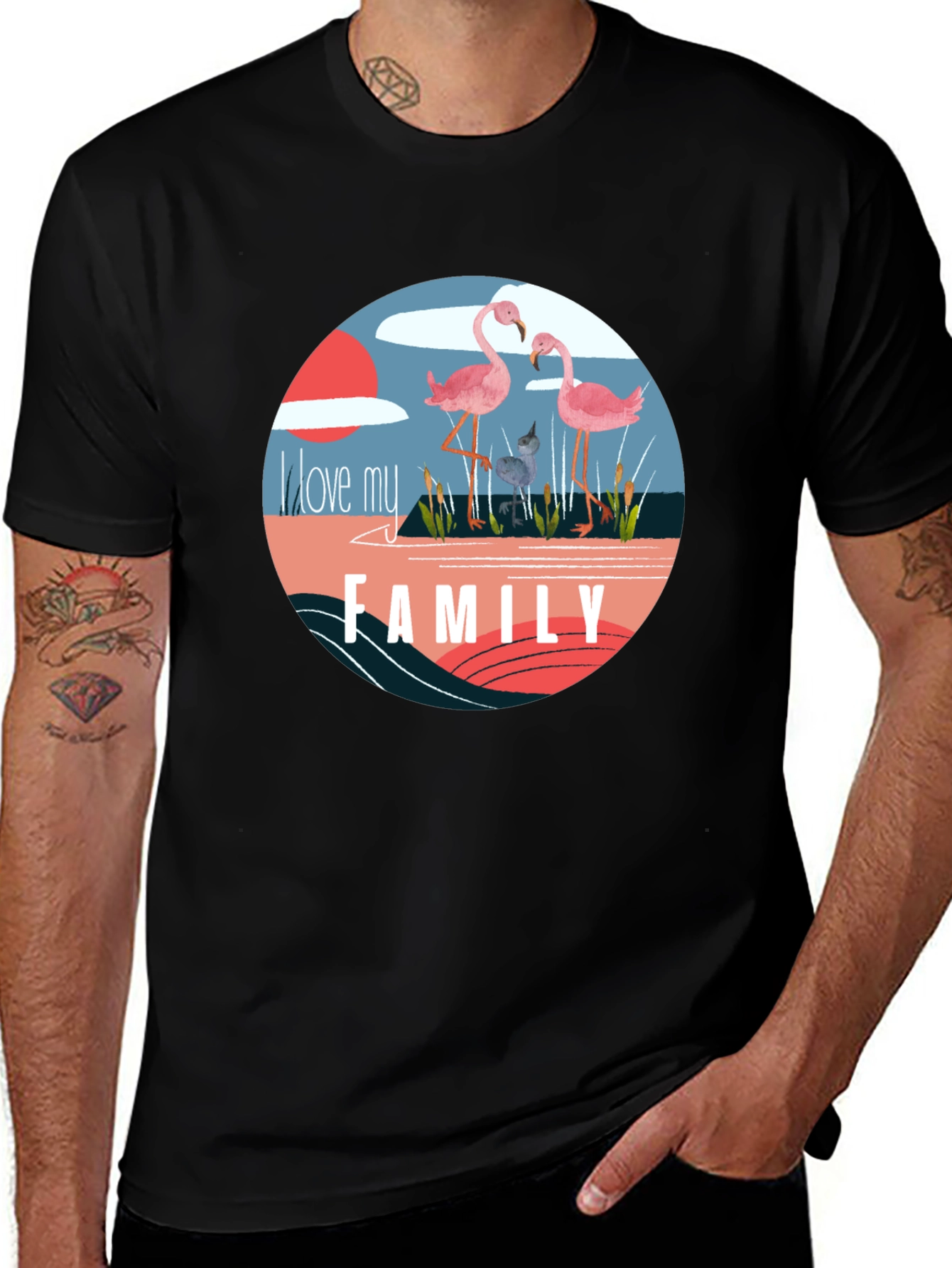 Flamingo Family Graphic Tee - Black Cotton Blend