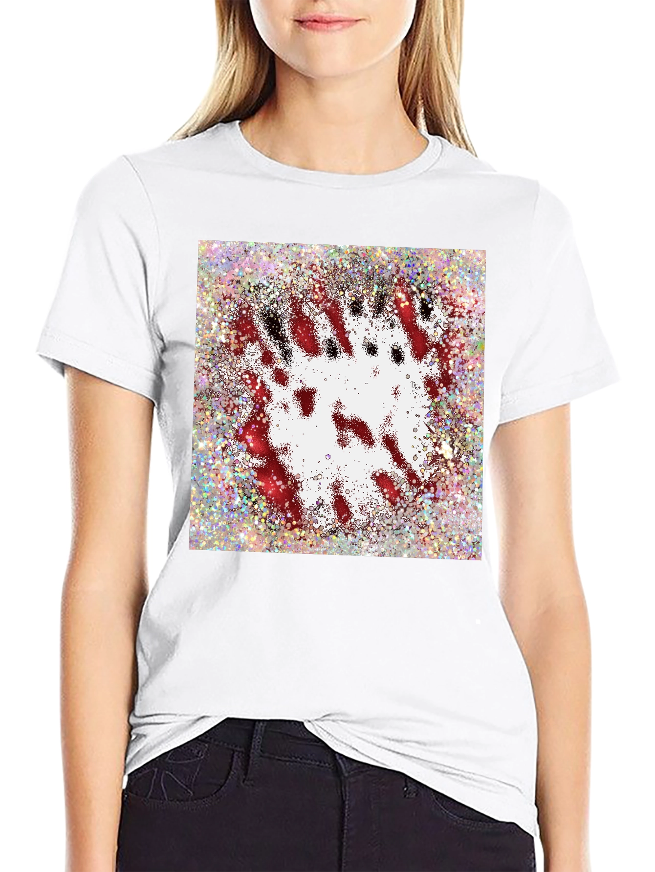 Abstract Red & White Splatter Print Black T-Shirt