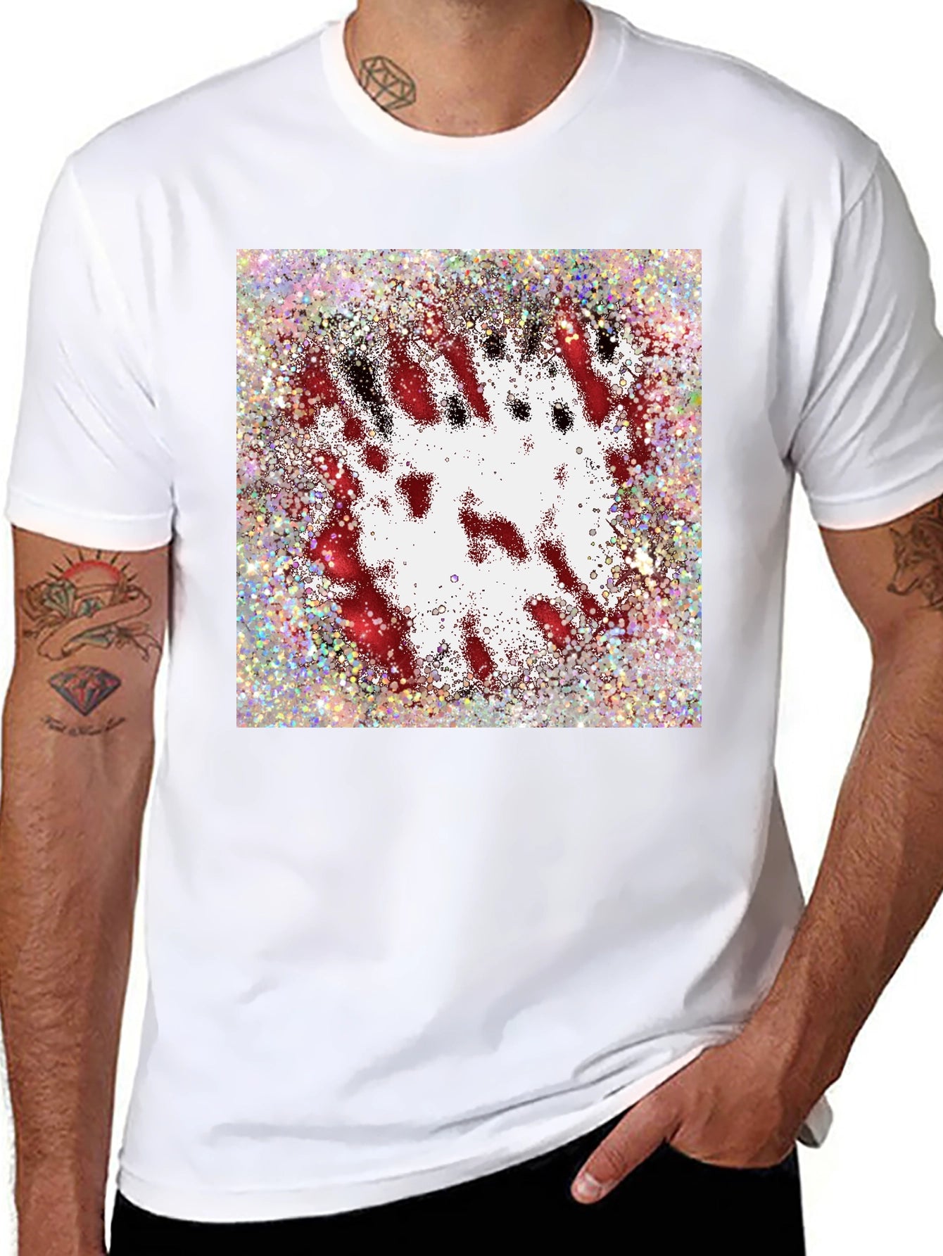 Abstract Red & White Splatter Print Black T-Shirt