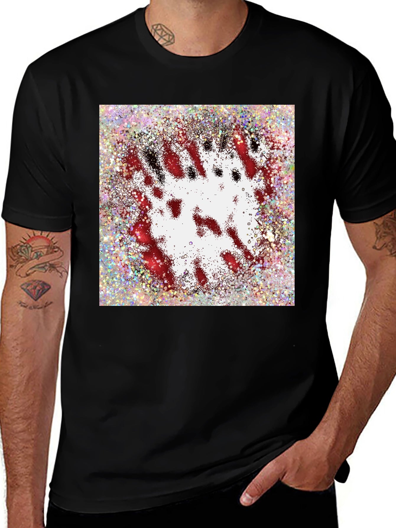 Abstract Red & White Splatter Print Black T-Shirt