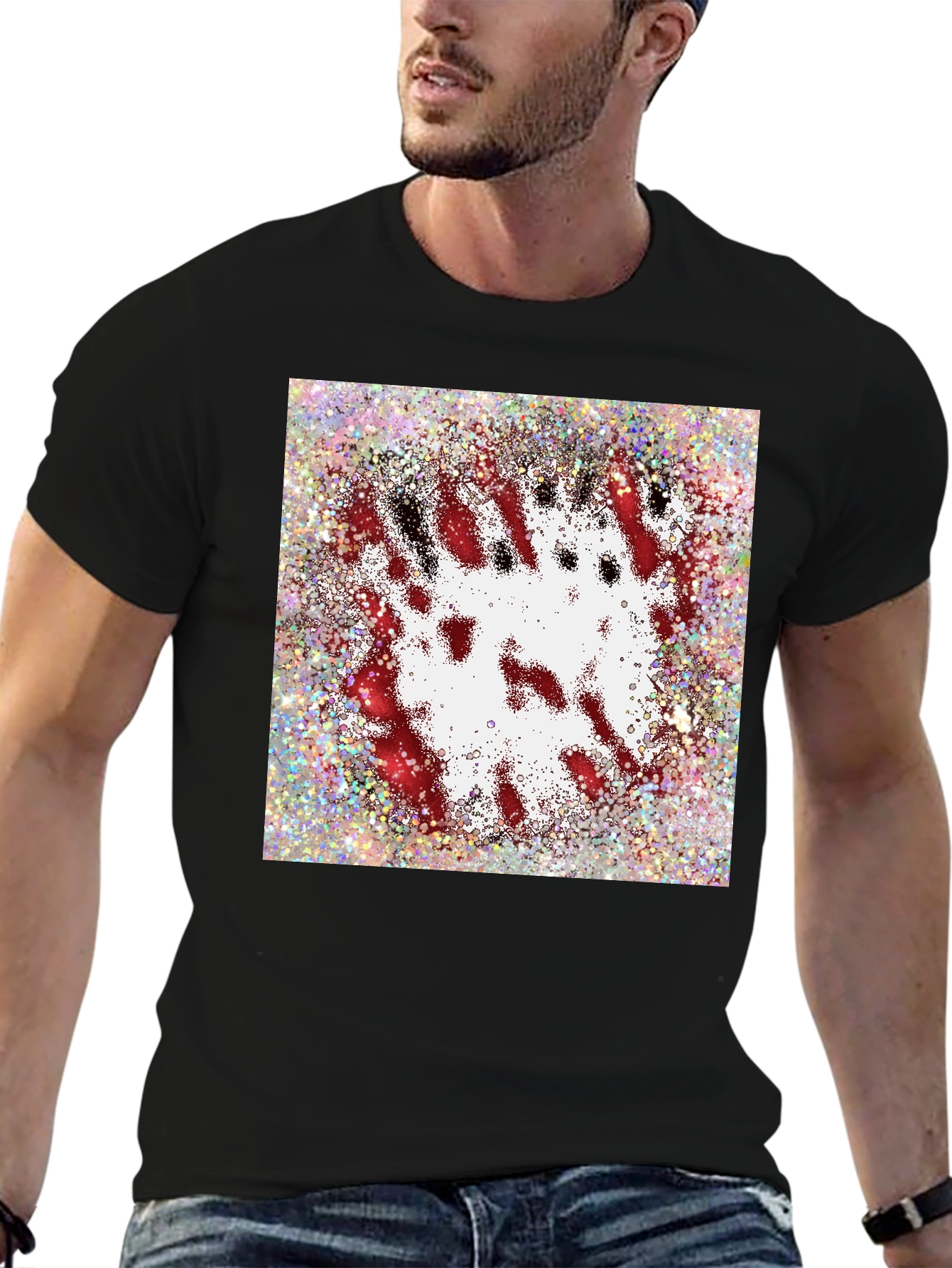 Abstract Red & White Splatter Print Black T-Shirt